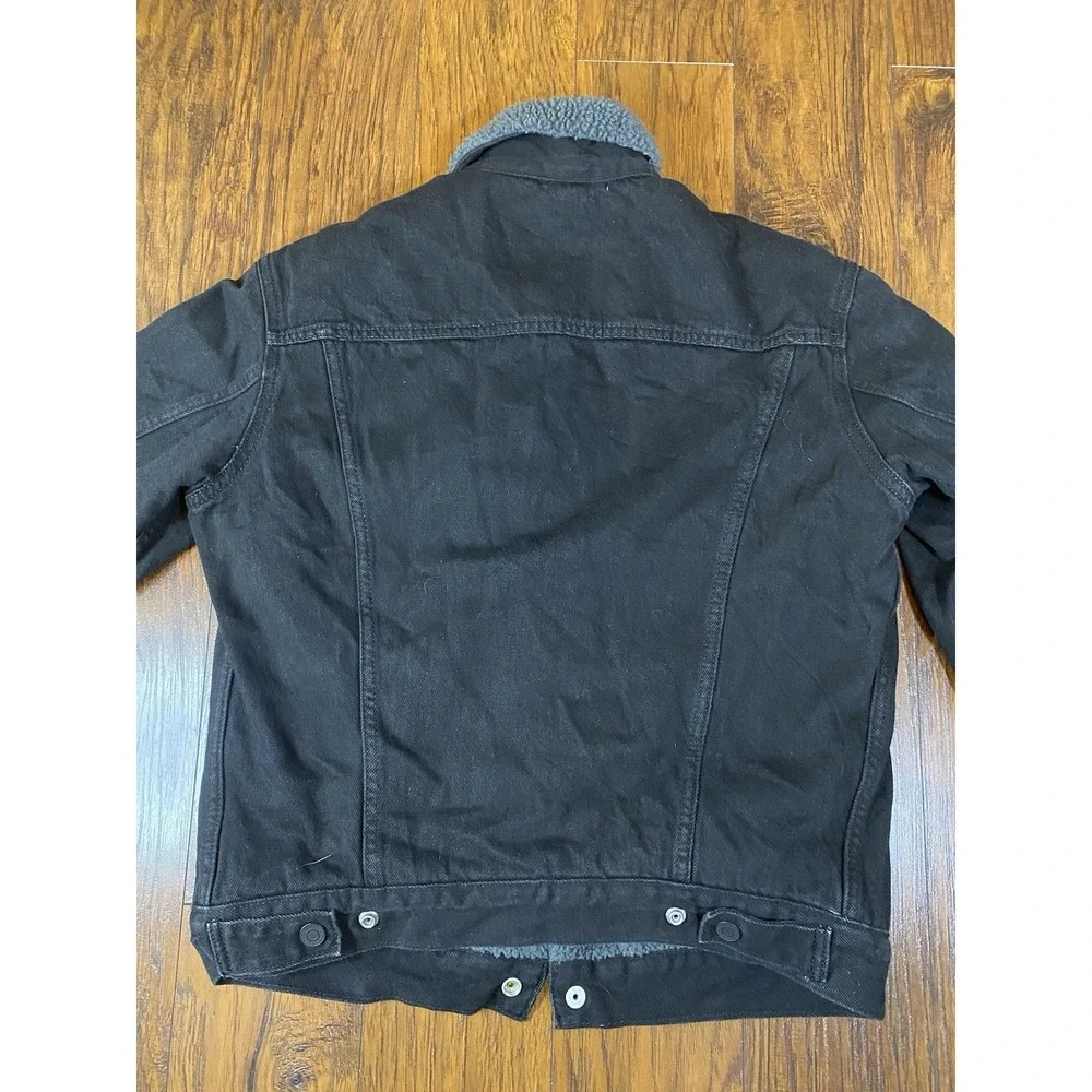 Levis Mens Sherpa Trucker Jacket Black Denim Grey Faux Fur Lining Small